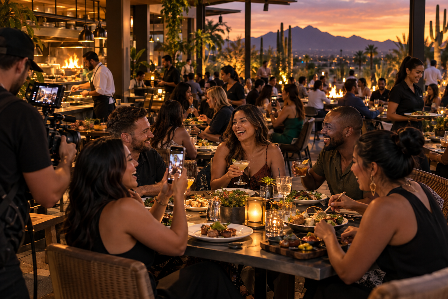 A lively Phoenix restaurant filled with engaged customers during a professional content shoot